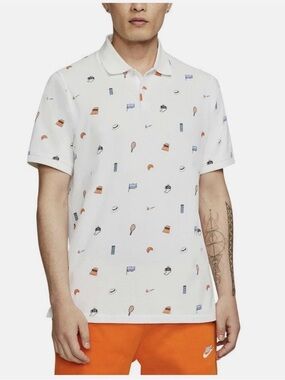 Nike Tennis Short Sleeve Polo Shirt Men's L White Logo All Over Print Retro